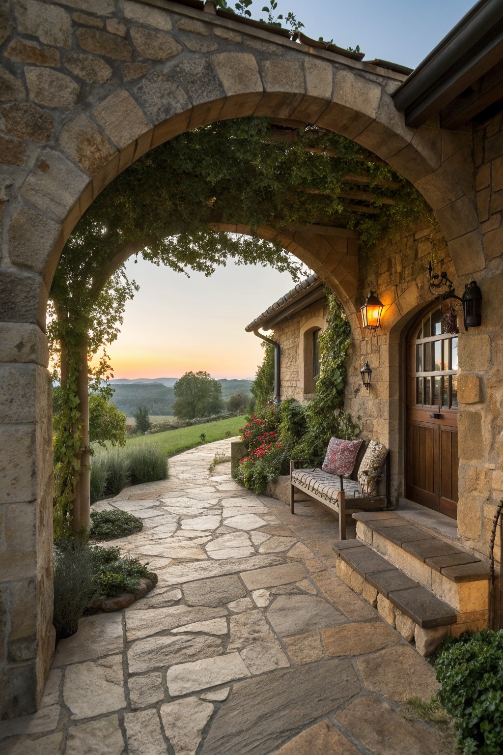 A large stone arch frames a paved path leading to a wooden door on a stone house, with a bench and lanterns beside the entrance.