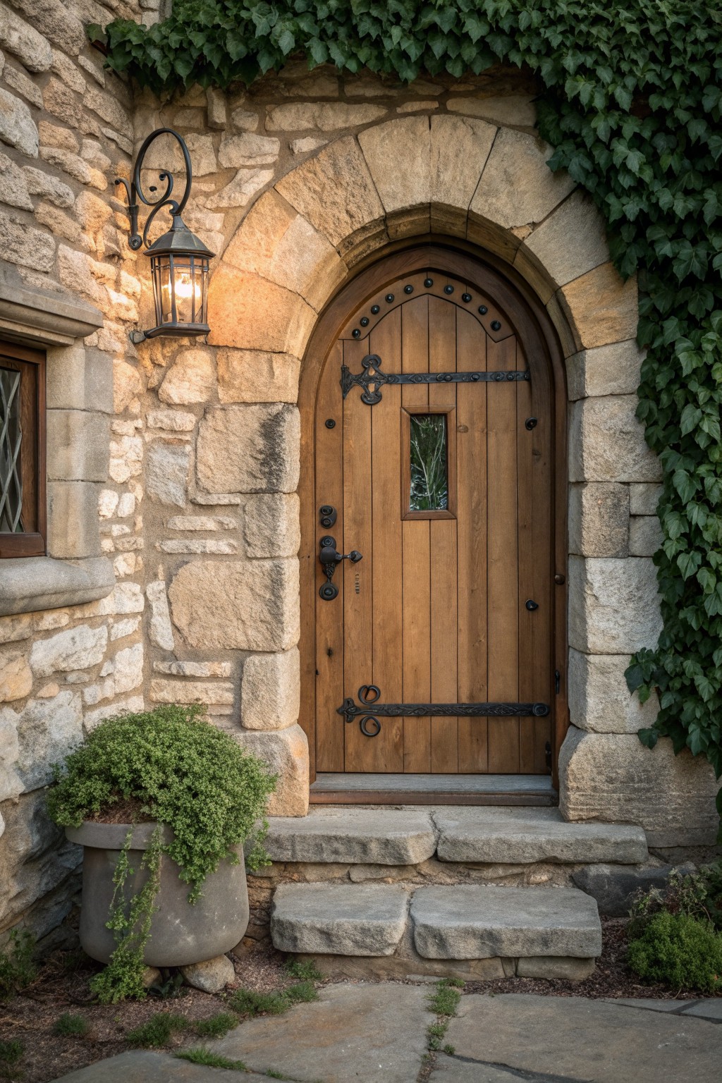 Wooden door in stone archway with lantern, ivy, and stone steps