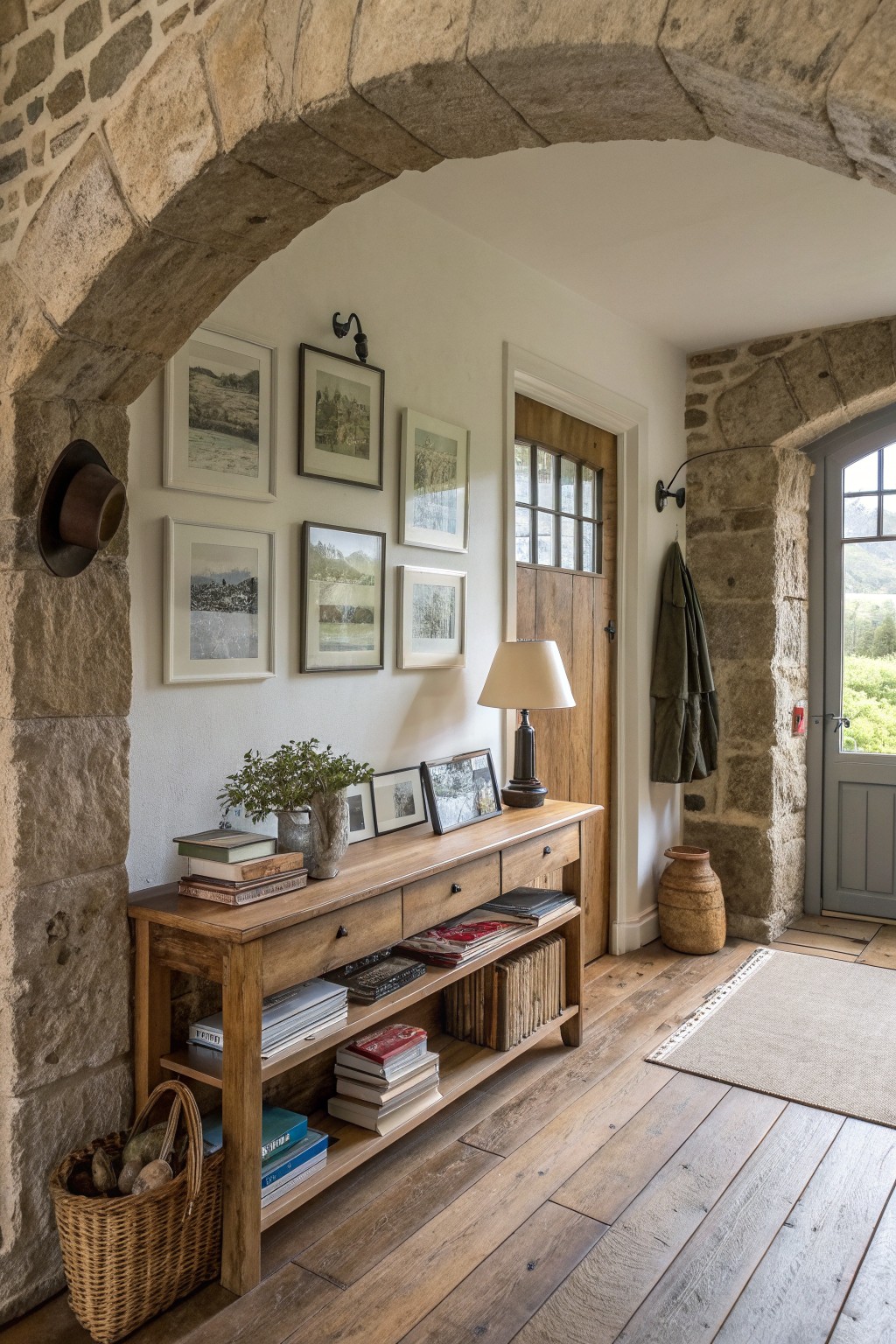 A wooden console table with books, a lamp, and framed pictures sits beneath a large stone arch in a rustic interior entryway with a wooden door and woven basket nearby.