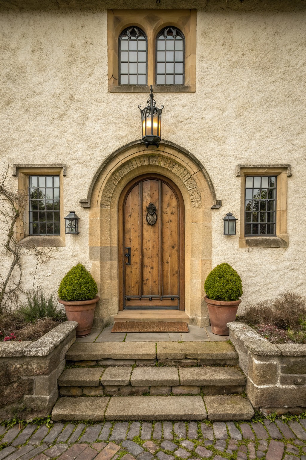 A house entrance with a wooden door set under a curved stone arch, flanked by two small grid windows and two potted shrubs on the steps.
