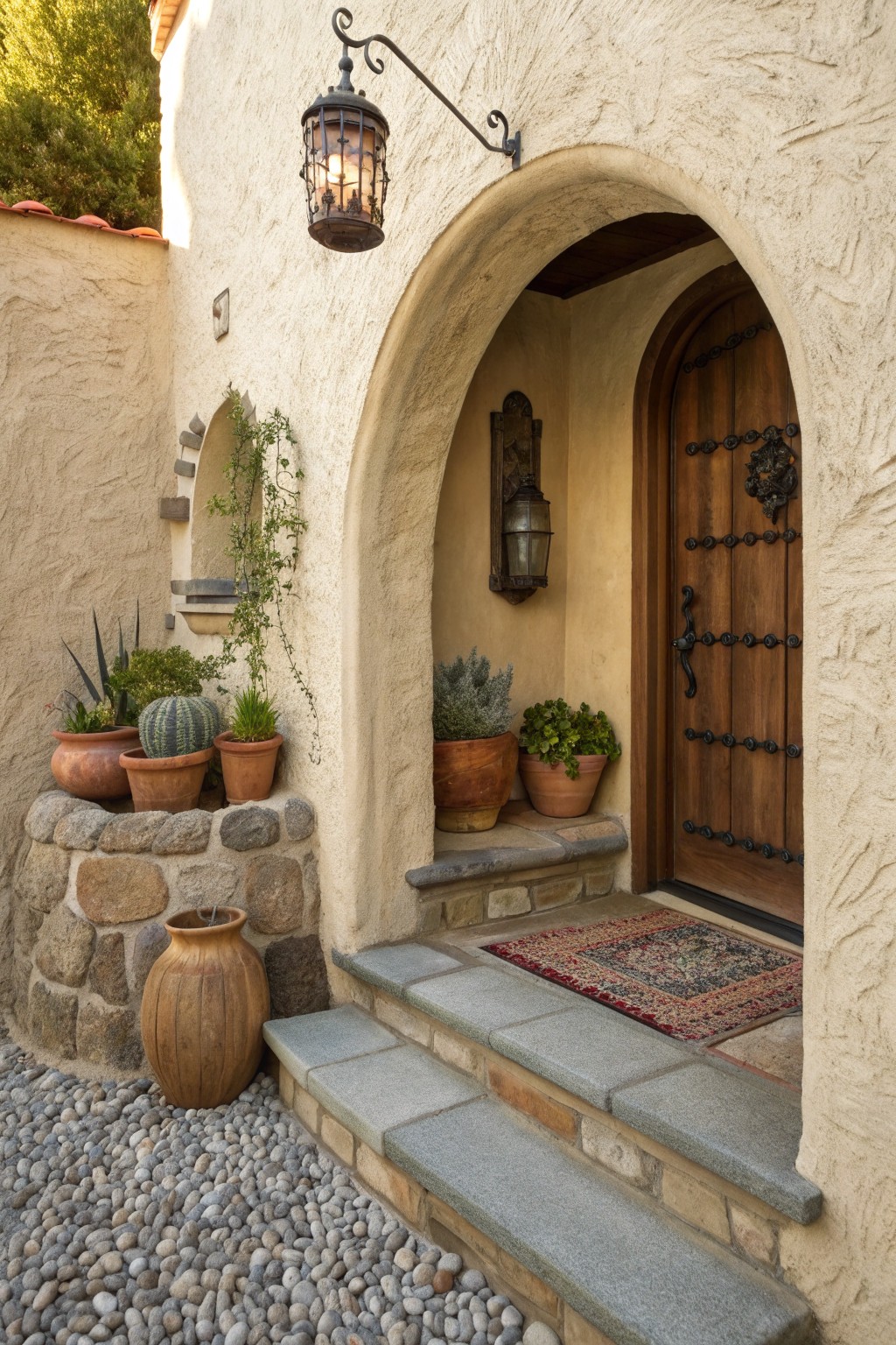 A stucco house exterior with a large stone arch framing a wooden door, stone steps, potted plants on a ledge, and a wall-mounted lantern.