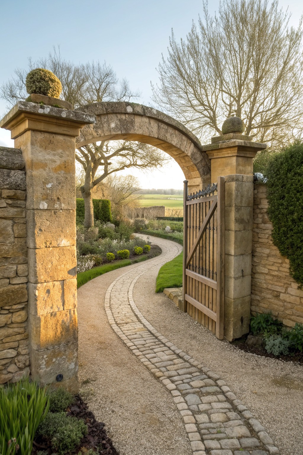 A stone archway with a wooden gate opens onto a cobblestone path through a rural garden.