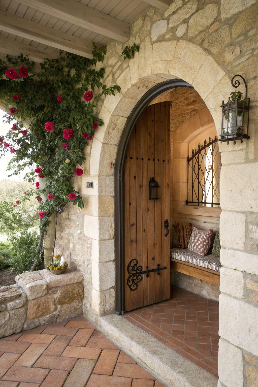 A wooden entry door centered inside a large stone archway on a house exterior, with climbing roses along the left side and a built-in bench visible inside the arch.