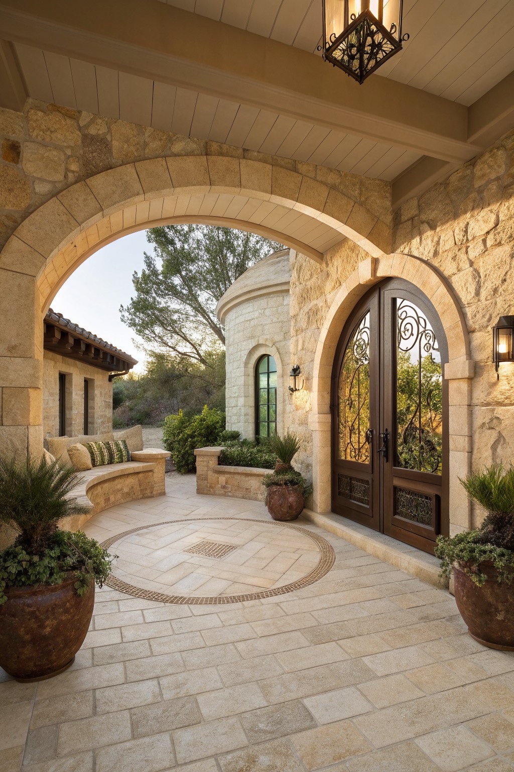 A large stone arch frames a pair of wooden double doors at a house entry, with potted plants on the paved courtyard floor.