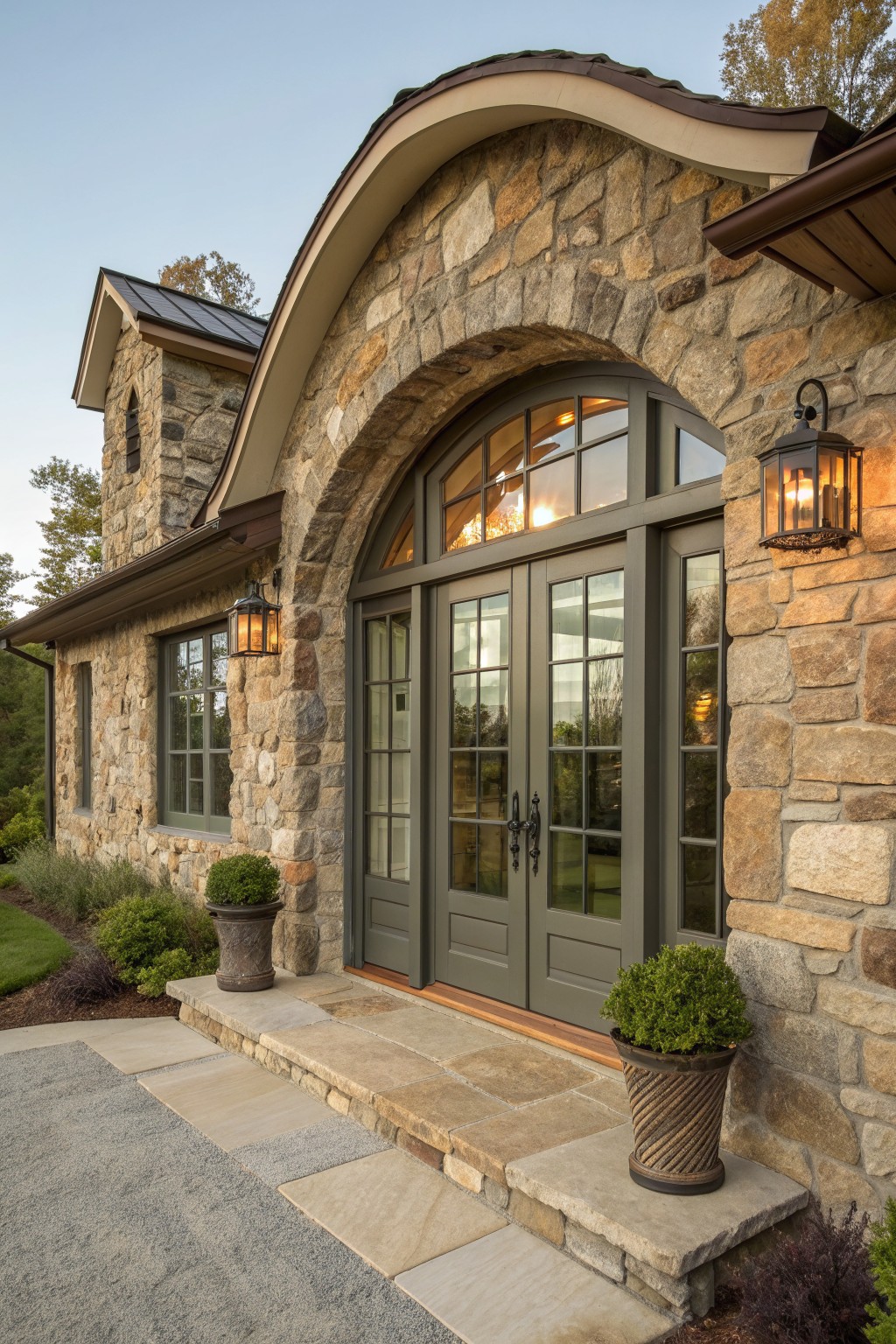 Stone house arched entry with gray double doors, lanterns, and potted plants on steps