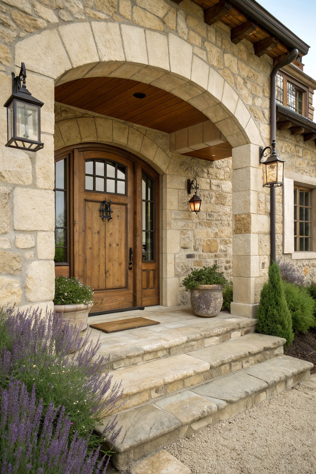 A stone house front entrance with a large arched doorway, wooden double doors, and side lanterns.