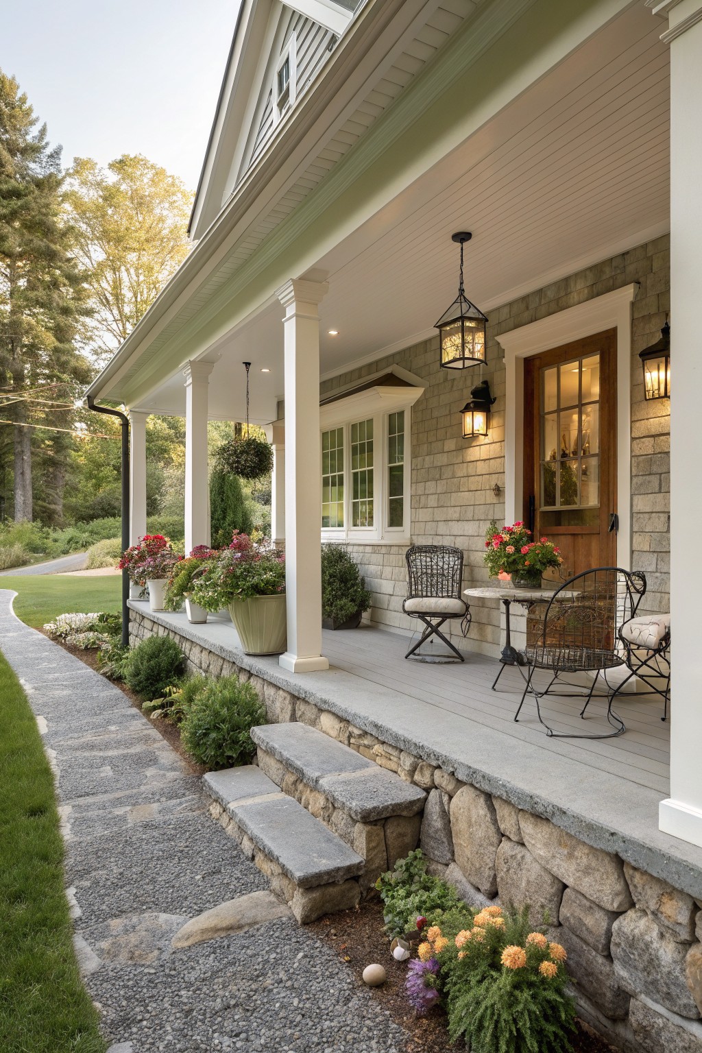 A wraparound porch with white columns, a stone ledge holding large flower planters, wicker seating, and steps leading down to a gravel path.
