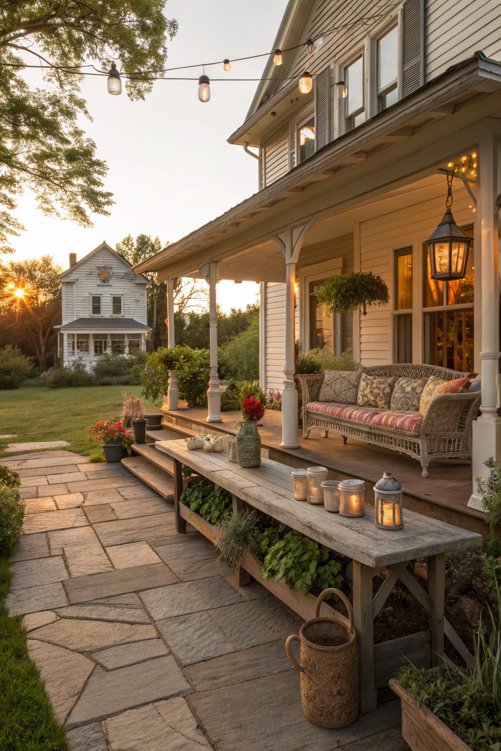A wraparound porch on a two-story white farmhouse with a long rustic wooden table holding lanterns and potted plants beside a wicker sofa.