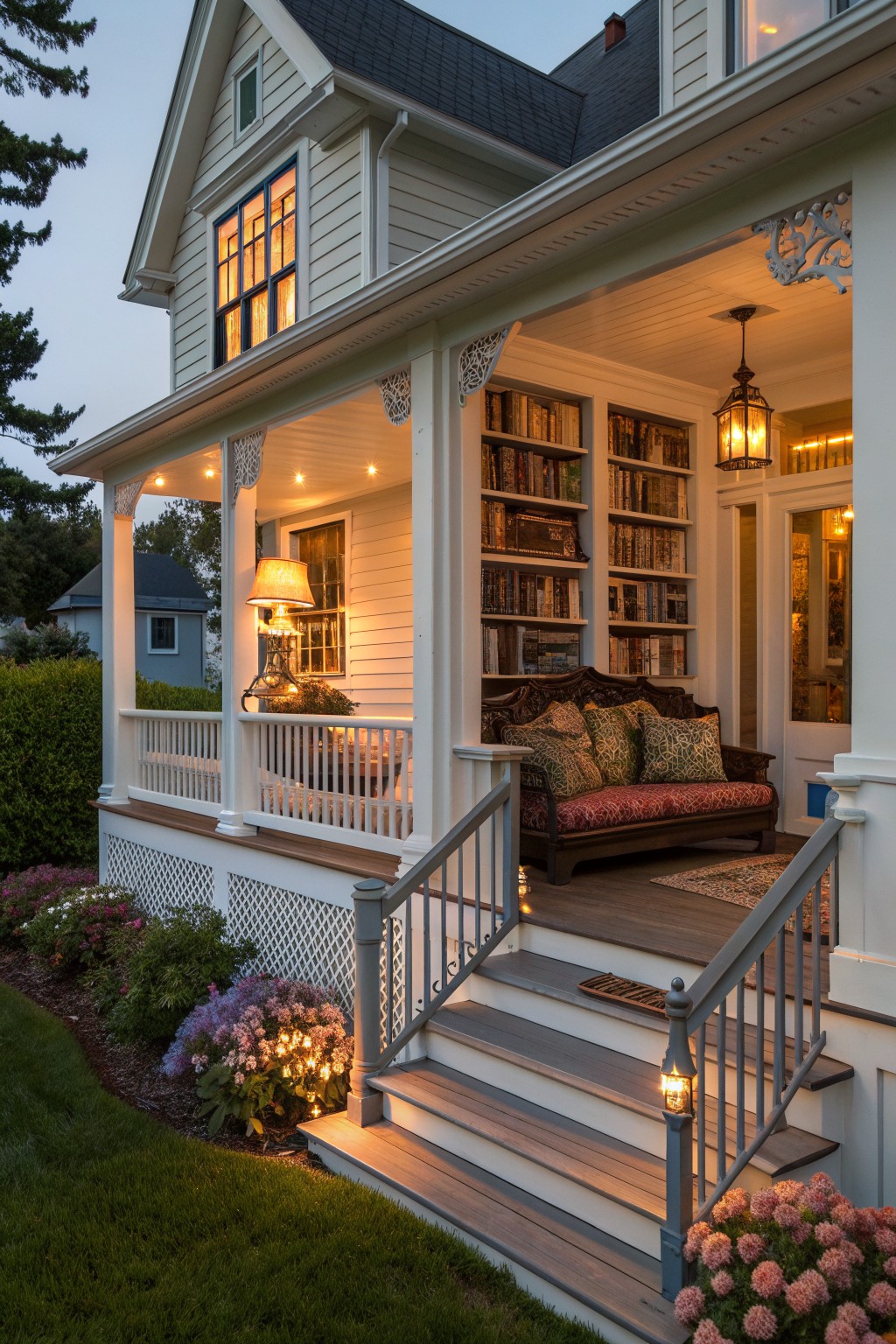 Cozy white house porch with bookshelves, cushioned bench, glowing lanterns, and flowers.