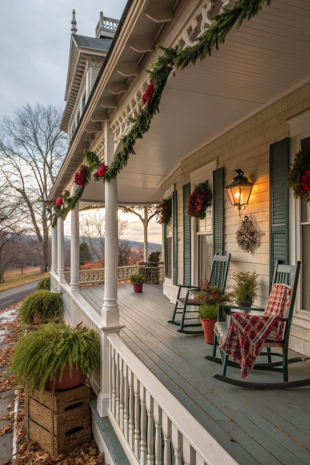 Festive porch with evergreen garlands, red accents, rocking chairs, and glowing lantern.