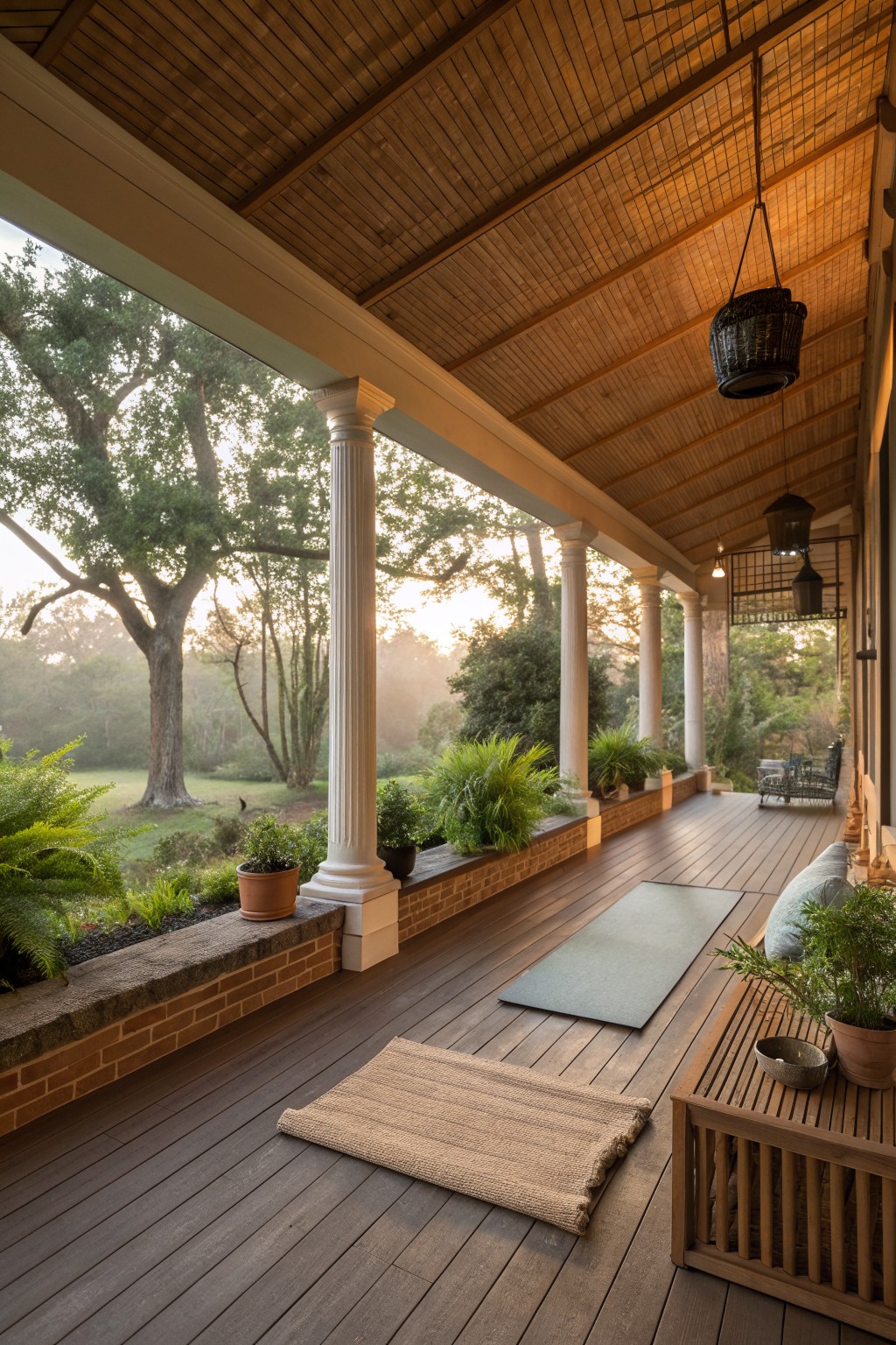 A wooden wraparound porch with white columns, a continuous low brick planter ledge holding potted plants and ferns, and hanging lights above the deck.