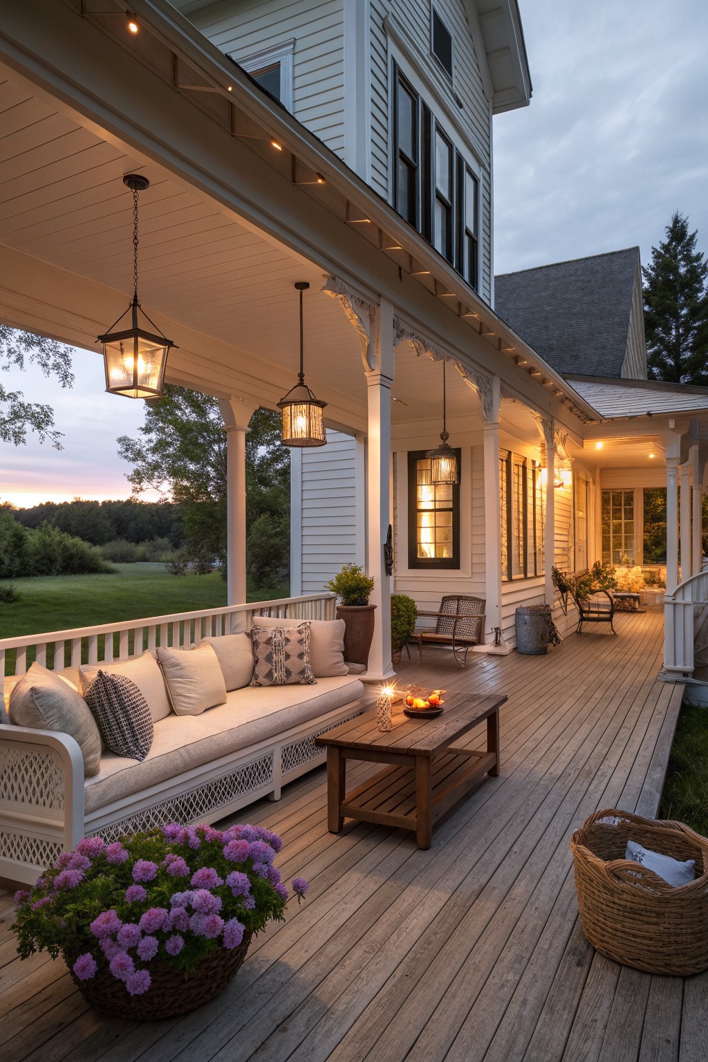 Cozy porch of white house with hanging lanterns, cushioned bench, wooden table, and purple flowers at dusk