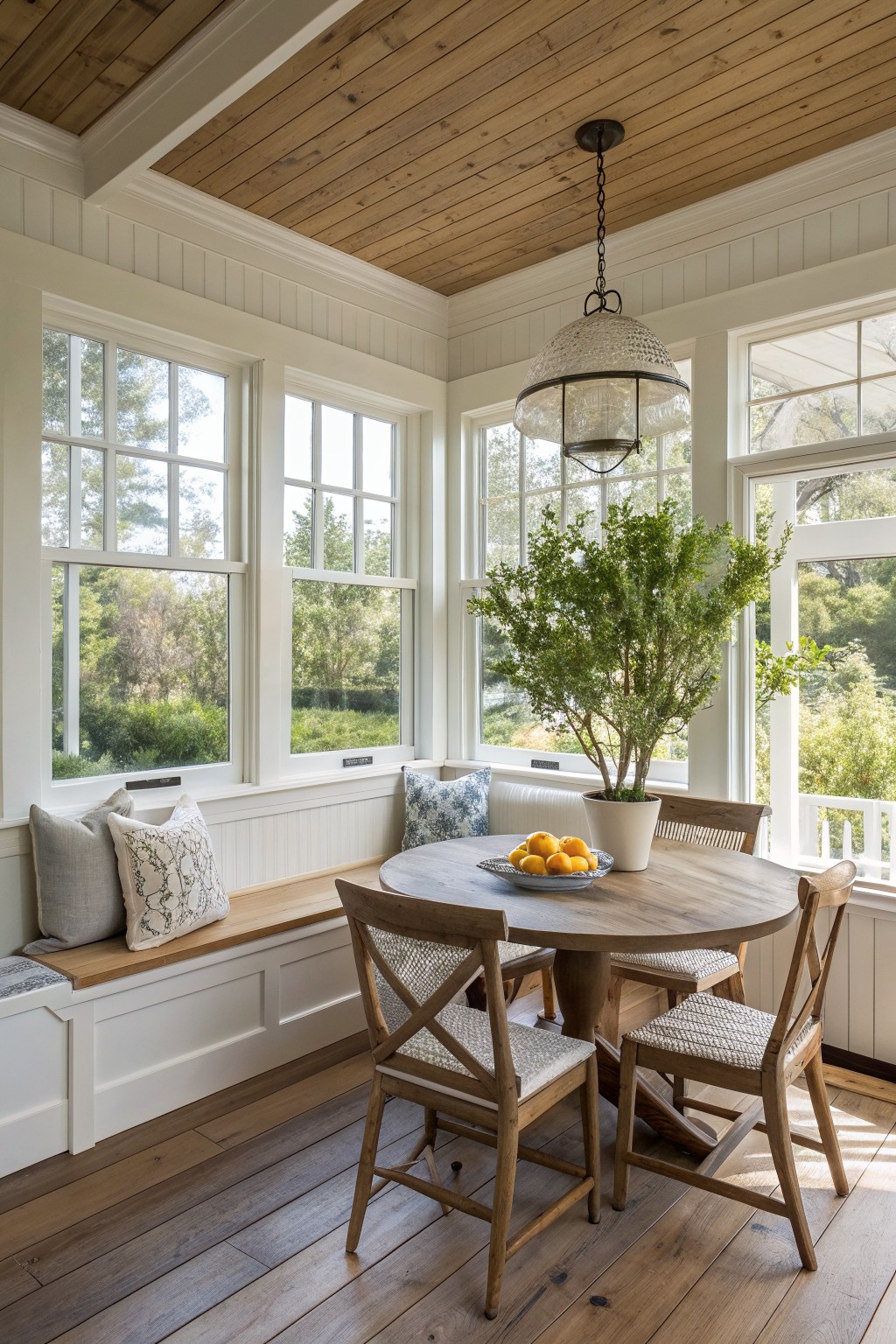 A bright interior room with a round wooden table, wooden chairs, and a built-in bench under large windows.