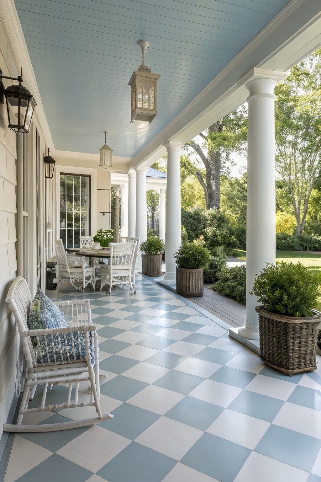 A wraparound porch with a blue and white checkered tile floor, white columns, hanging lanterns, a white rocking chair with a blue cushion, and a dining table with chairs.