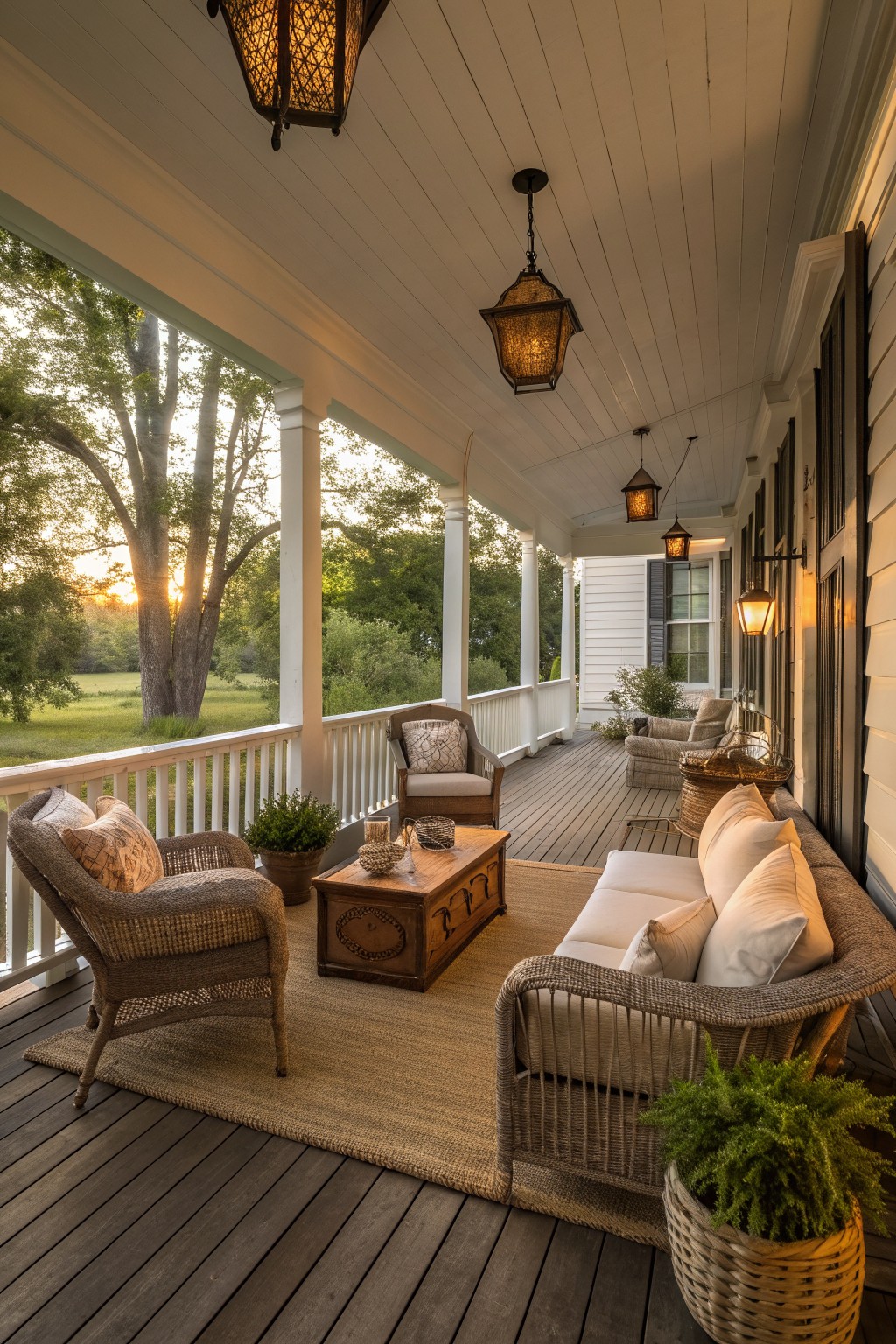 A wraparound porch furnished with wicker seating grouped on a large woven rug, a wooden coffee table, and several hanging lanterns.