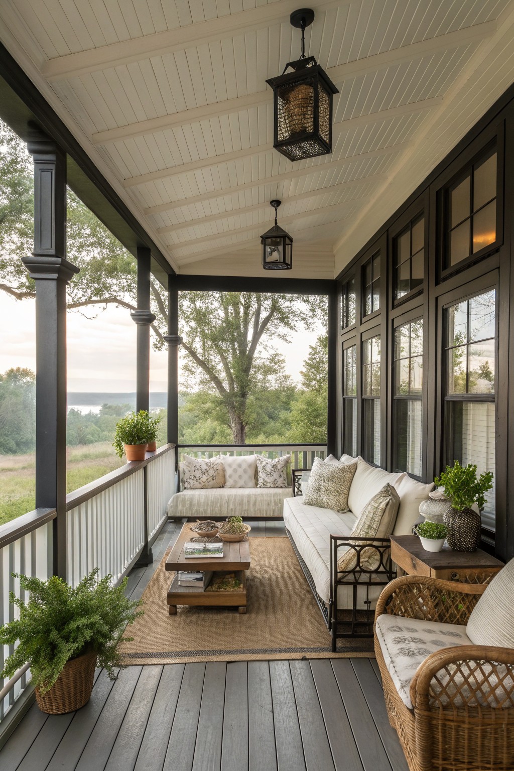 A furnished wraparound porch with a large woven rug under a sofa, coffee table, and two wicker chairs.