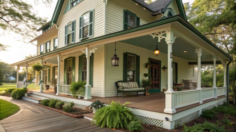 19 Classic Wraparound Porch Ideas Designed for Victorian Farmhouses A Victorian farmhouse with white siding and green trim features a wide wraparound porch furnished with a green bench and a hanging wooden swing, surrounded by potted plants and hanging baskets.