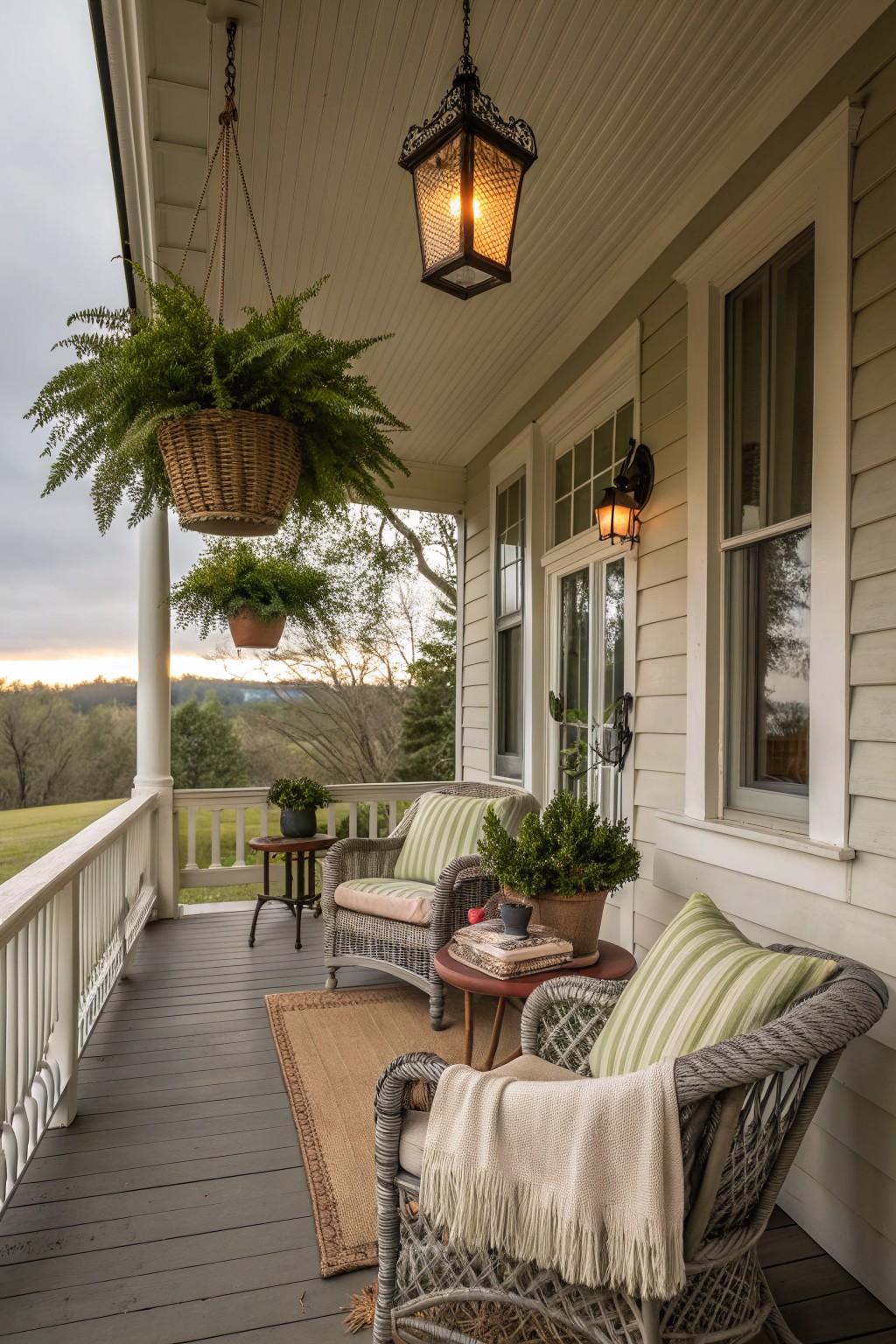 A wraparound porch featuring two wicker armchairs with green striped cushions and a cream throw, a small table holding books and a plant, hanging fern baskets, and a view of fields at dusk.