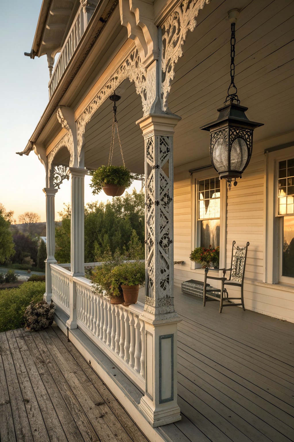 A wraparound porch on a white house with ornate carved columns, a hanging lantern, potted plants, and a metal chair on the wooden deck.