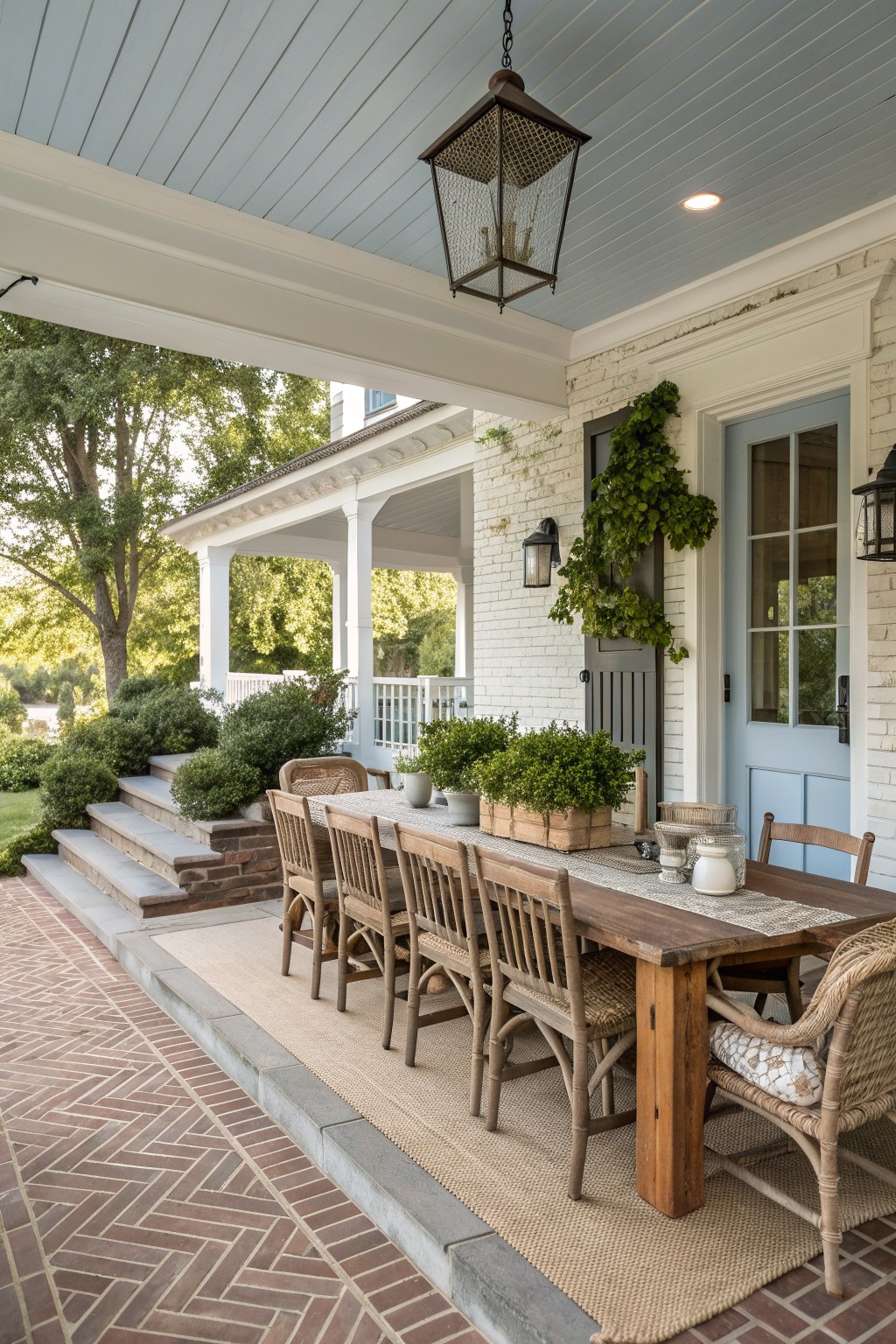 A covered porch features a long wooden dining table with woven chairs on a jute rug beside a light blue door on a white brick house.