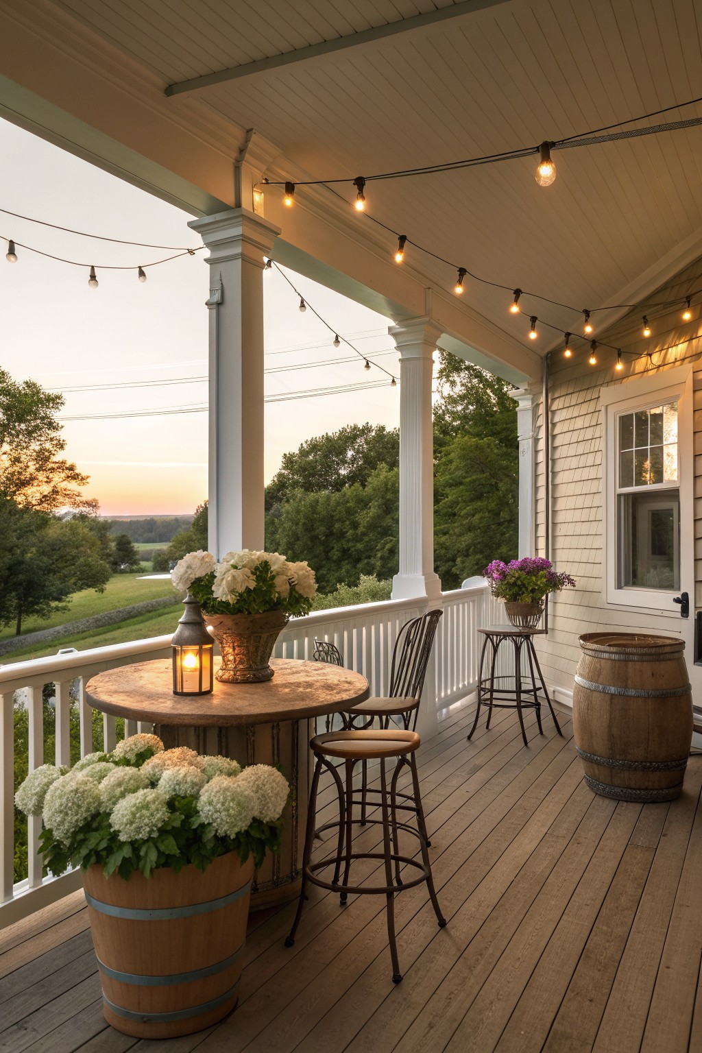 A wraparound wooden porch at dusk with string lights along the ceiling, barrel planters holding white and purple flowers, metal stools, and a round wooden table.