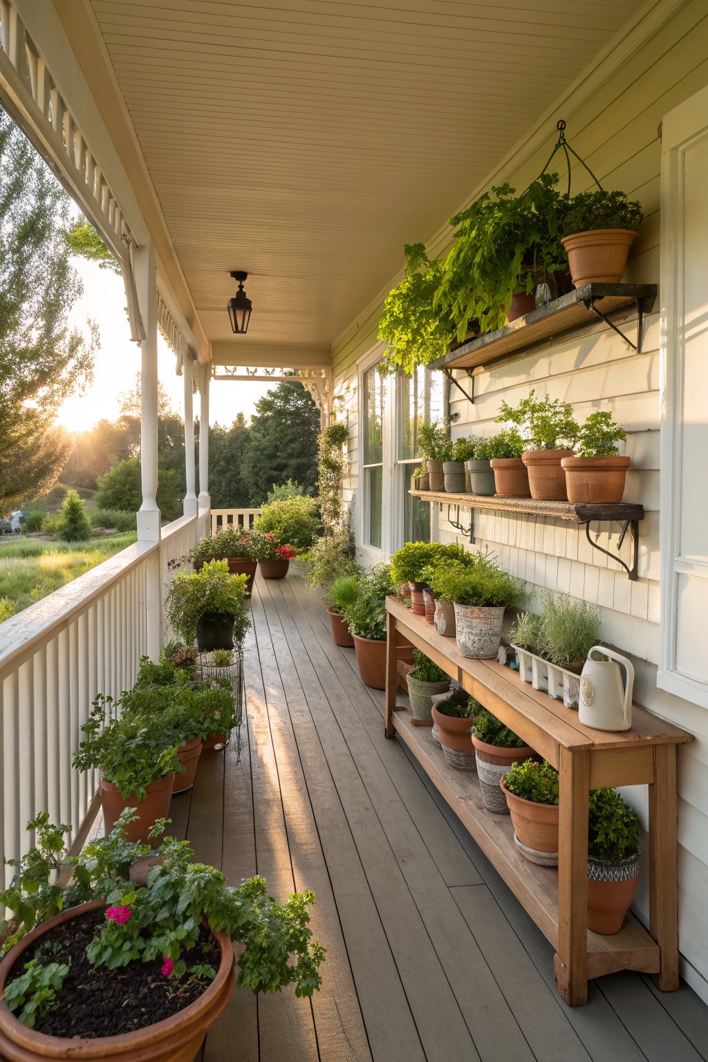 A wooden wraparound porch lined with potted plants on a bench, wall shelves, and the floor beside a house.