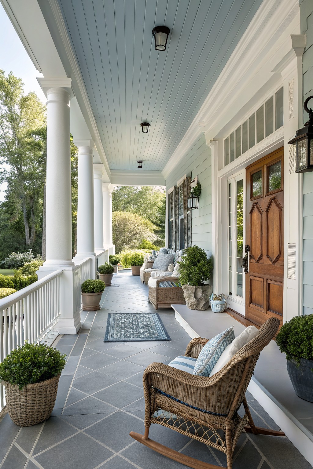 A long wraparound porch with white columns, gray tile floor, a wooden front door, and wicker rocking chairs with blue and white cushions near potted plants.
