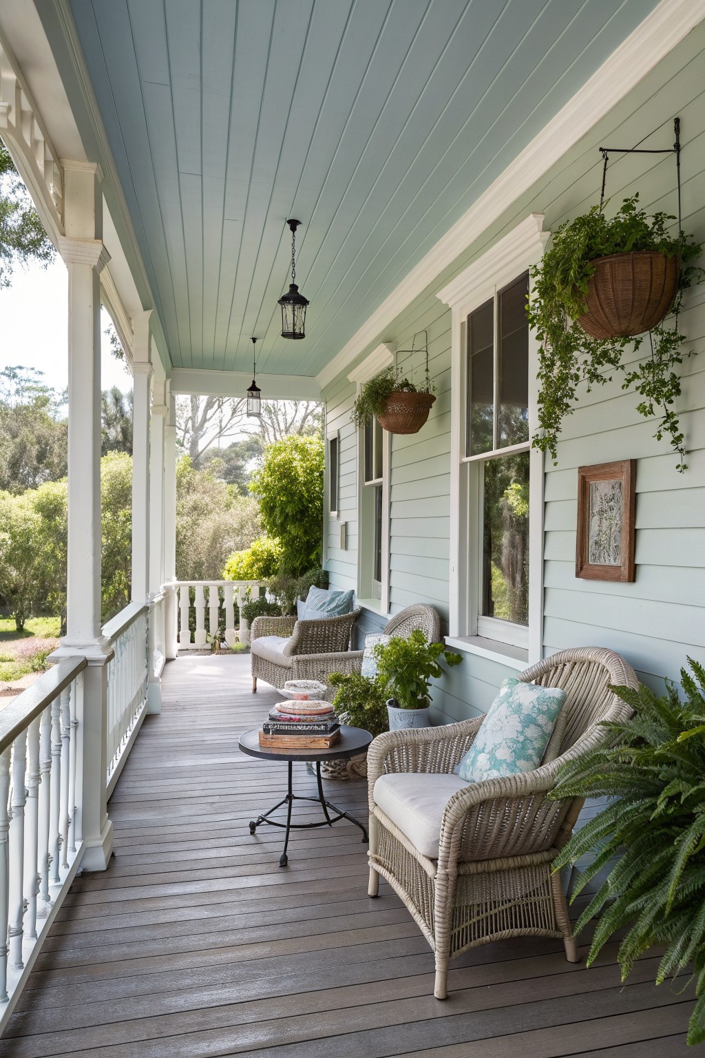 Light blue porch with wicker chairs, hanging plants, lanterns, and wooden floor