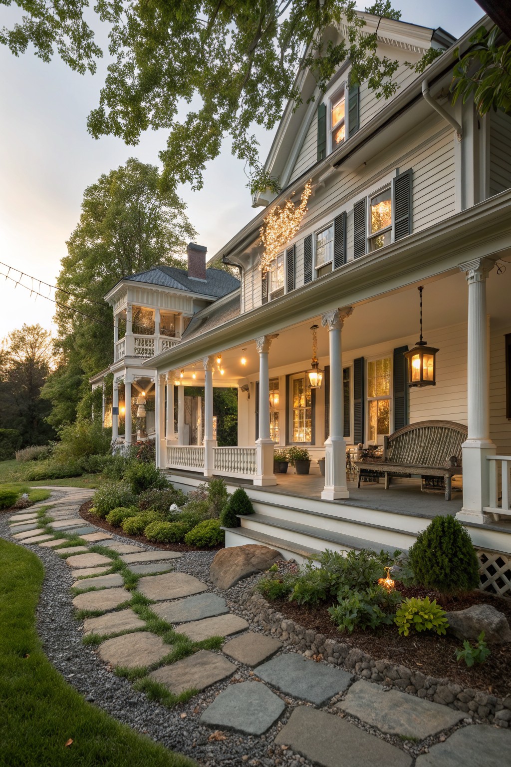 A white Victorian farmhouse with a large wraparound porch supported by white columns, featuring a wooden bench, hanging lanterns, and steps leading to a stone pathway bordered by garden beds.