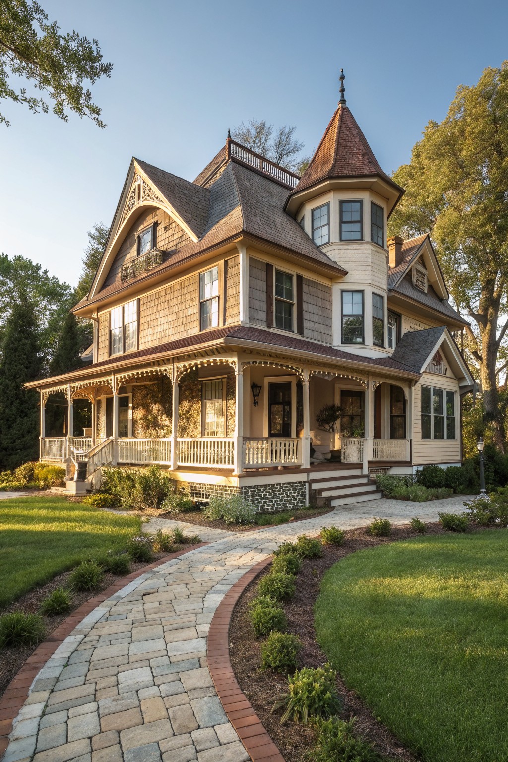 A Victorian farmhouse with a large wraparound porch featuring white railings, string lights, and multiple sections that follow the house's angled walls and turret.