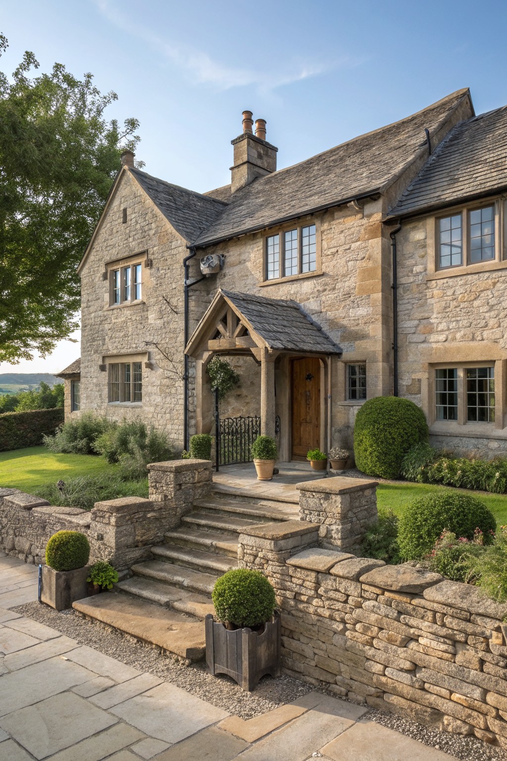 A stone house exterior with a gabled wooden porch over the front door, stone steps, and surrounding garden beds.