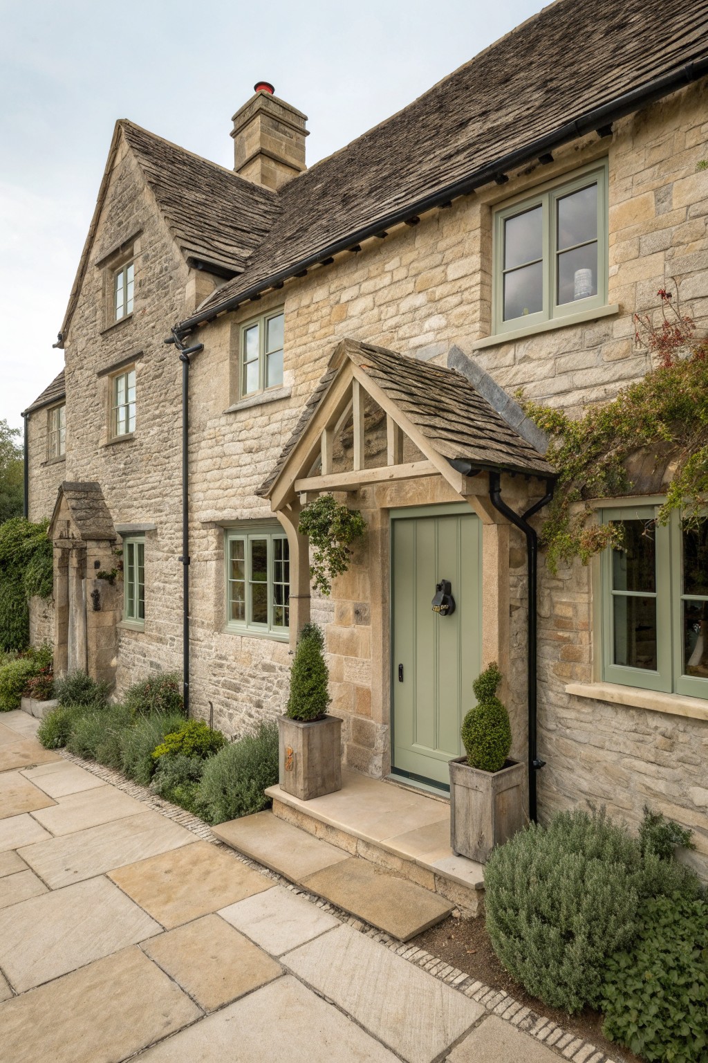 Stone cottage exterior featuring a sage green door beneath a small wooden gabled porch, with potted shrubs on either side of the steps.