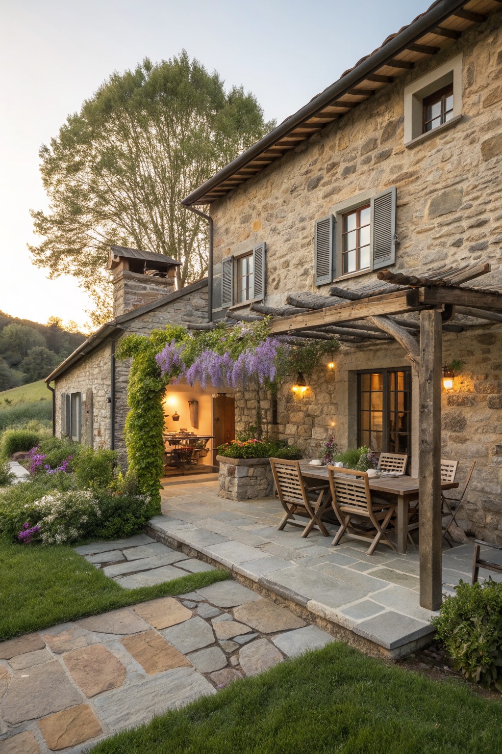 Stone house with purple wisteria pergola, wooden patio table, chairs, and stone path.