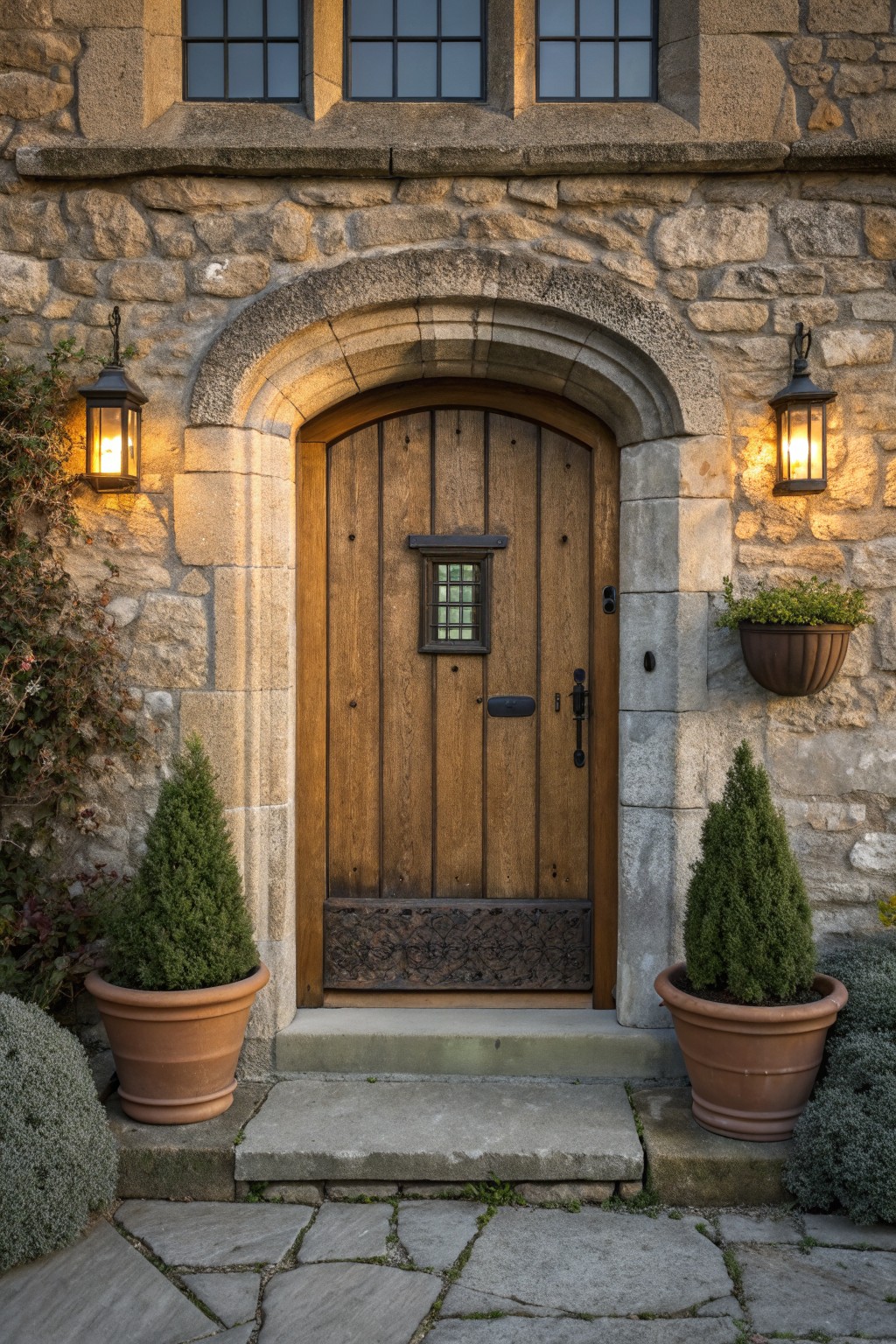 A wooden front door centered under a stone arch on a stone house exterior, with two lit lanterns on either side and potted evergreens at the steps.