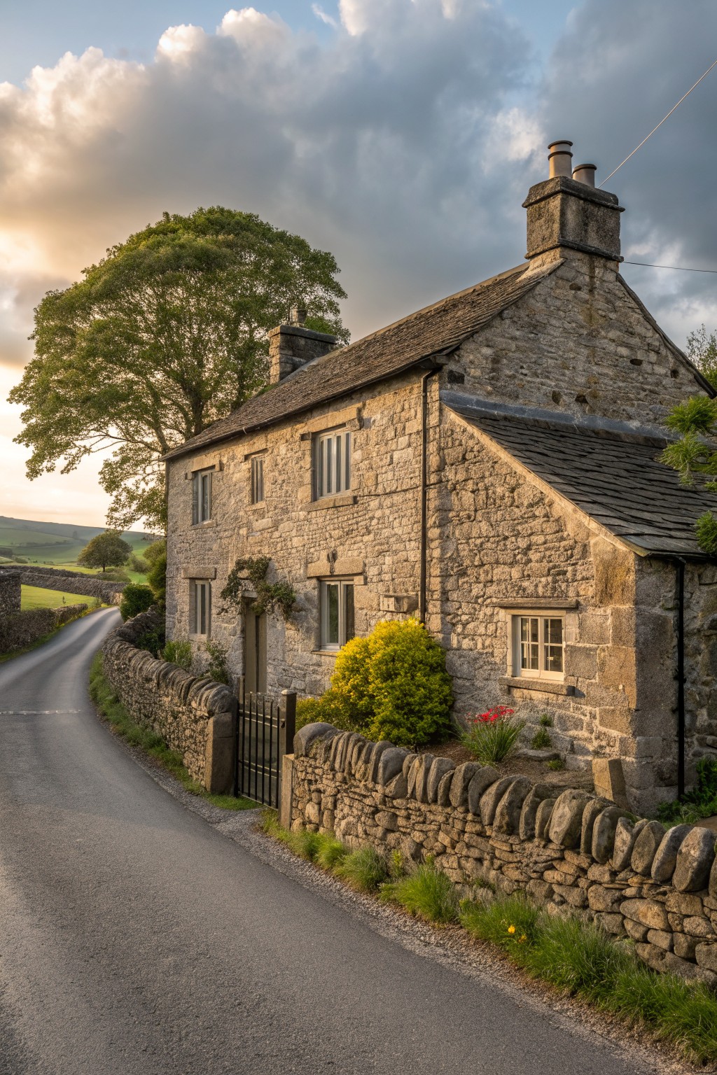 A two-story stone cottage with a slate roof stands beside a curving road, bordered by low stone walls and a black gate.