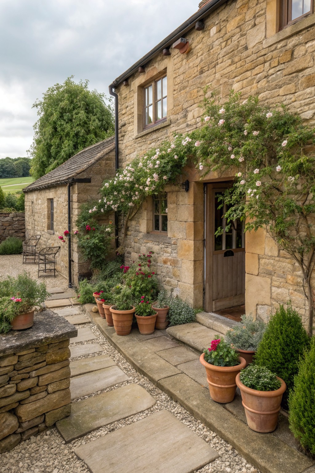 A stone cottage exterior features a wooden door and windows framed by climbing pink roses, with potted plants along a stone pathway.