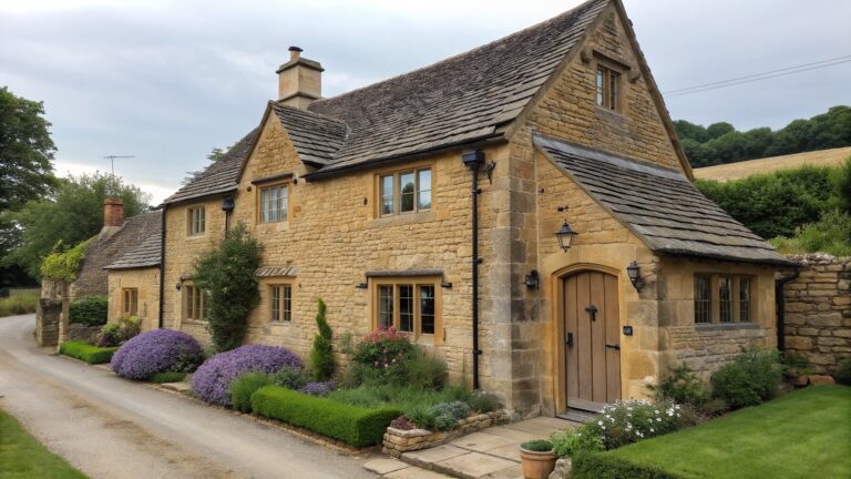 A two-story stone house with a steep roof, chimney, arched wooden door, and a stone path bordered by shrubs and lavender.