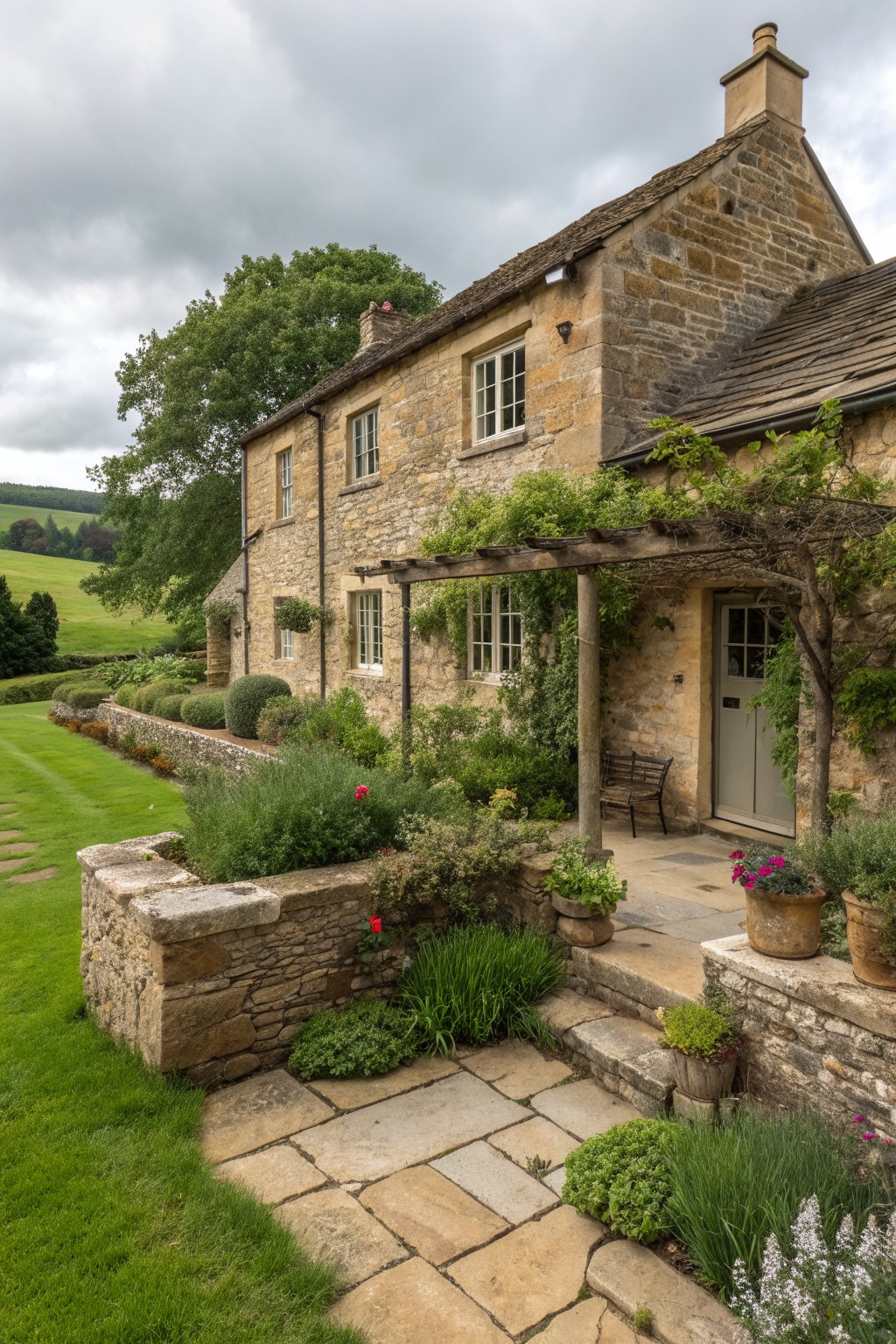 Stone cottage exterior with matching stone garden walls, paved paths, and climbing greenery around the entrance.