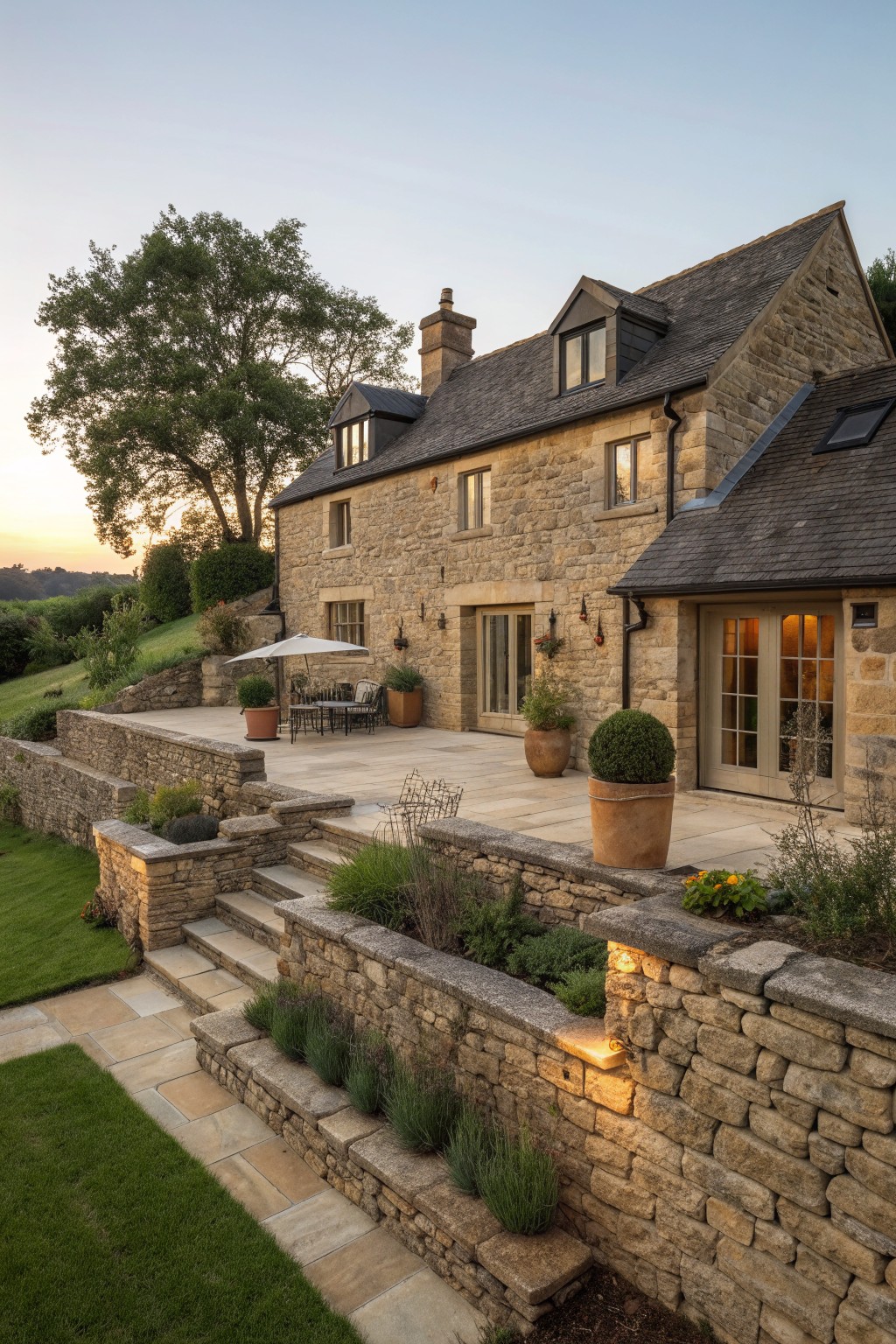 Stone house with patio, stone walls, potted plants, and garden at sunset