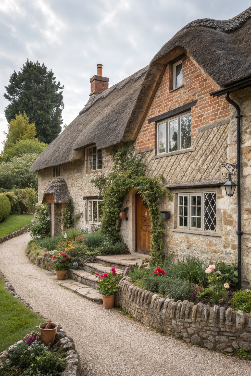 Thatched stone cottage with ivy, wooden door, windows, and colorful flower garden path.