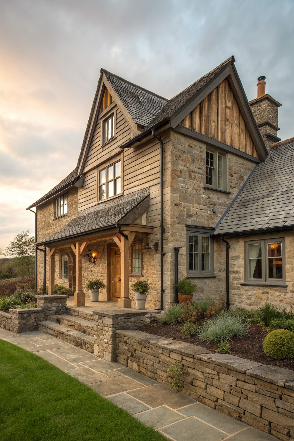 A two-story house exterior made of natural stone and wood siding, featuring a gabled roof, front porch with wooden posts, and a stone pathway leading to the door.