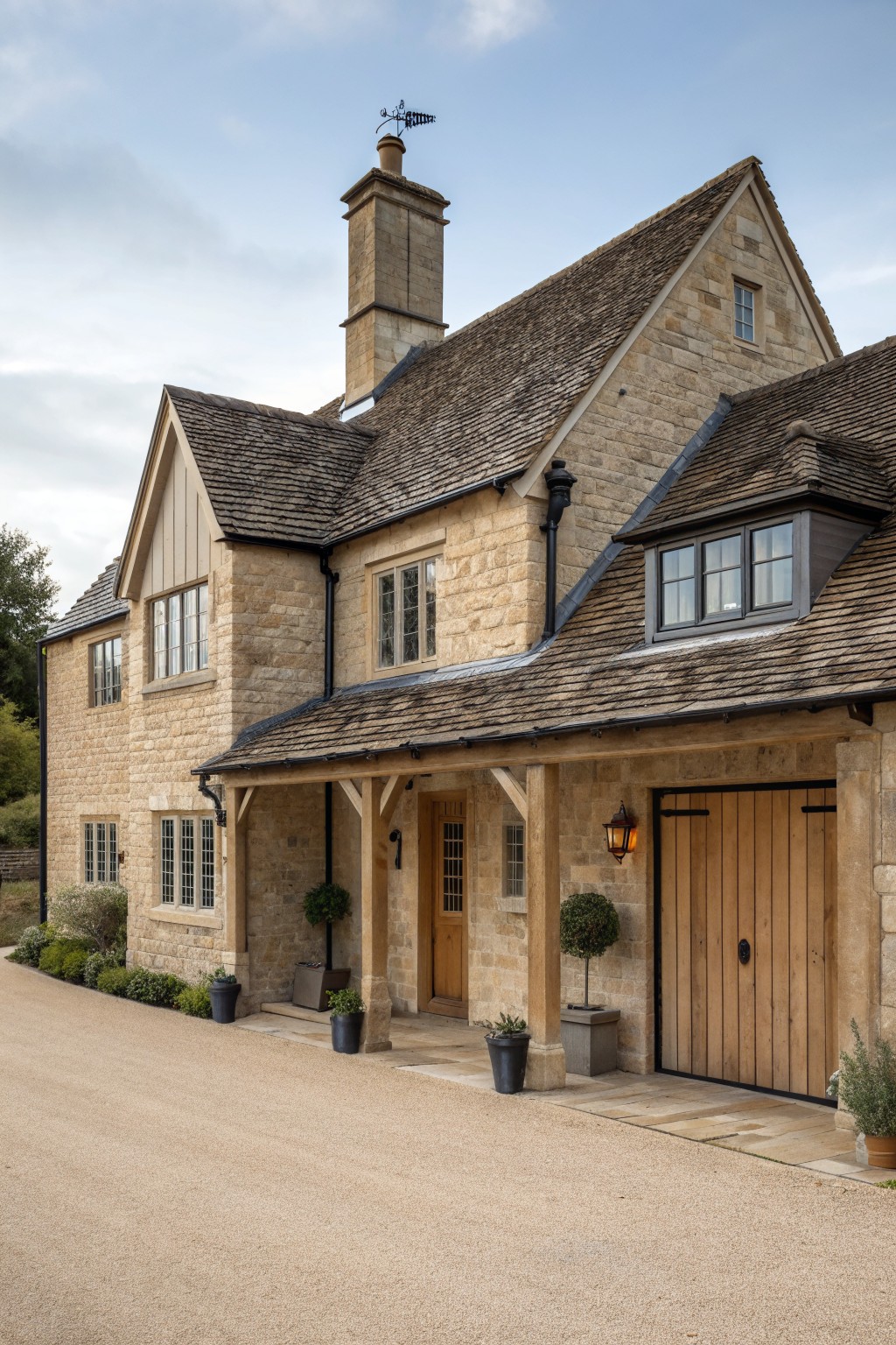 A stone house exterior featuring a wooden porch structure, wooden garage door, multiple windows, and a tall chimney.