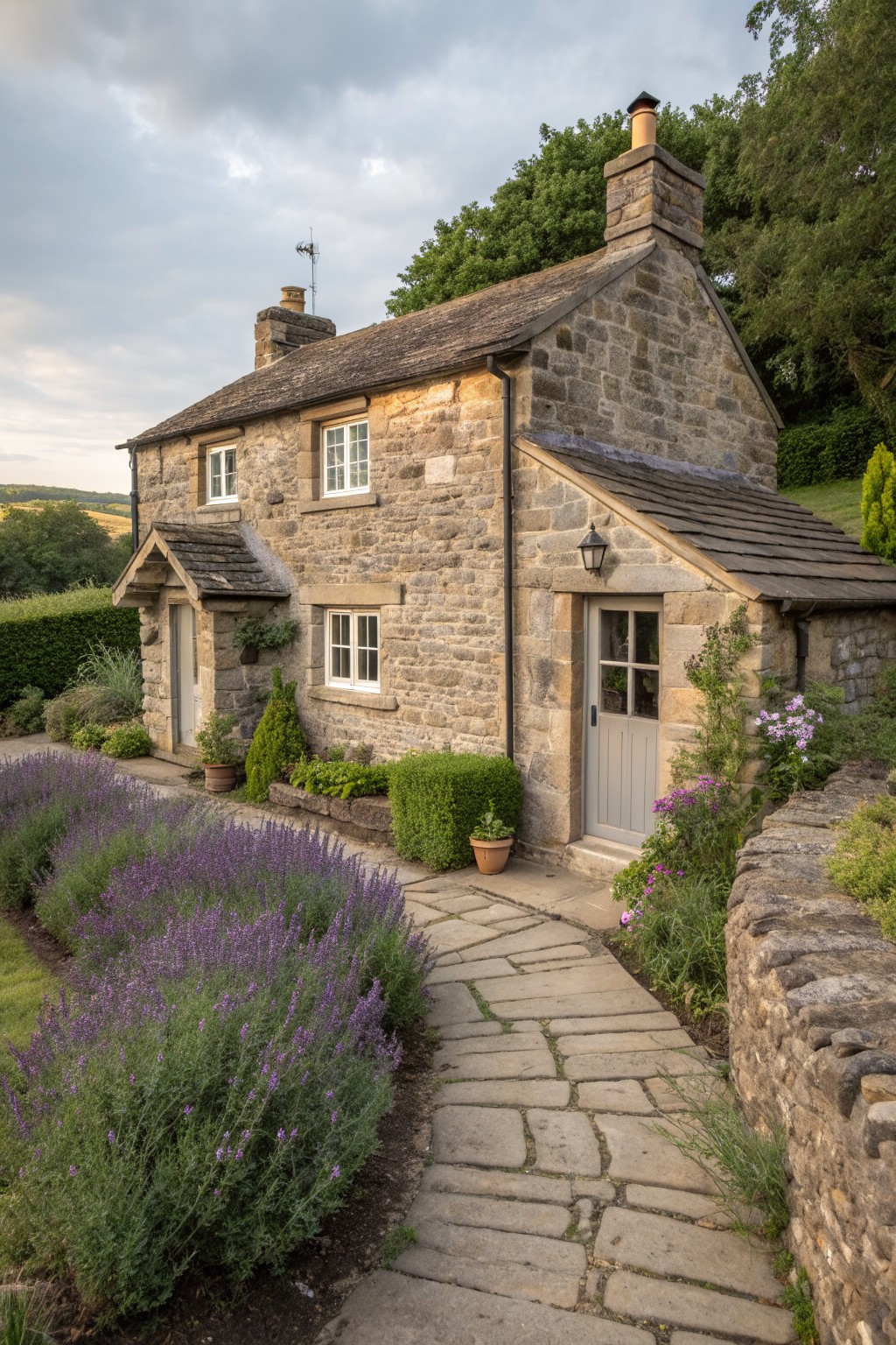 A two-story stone cottage with a slate roof, multiple windows, a gray front door, and a stone pathway bordered by lavender and shrubs.