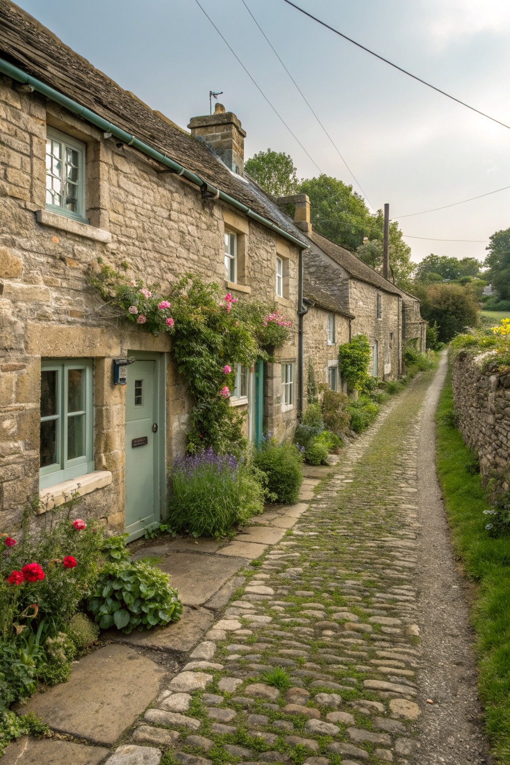 A row of stone cottages with green-painted doors and windows lining a cobblestone path, with flowers and climbing plants along the front.