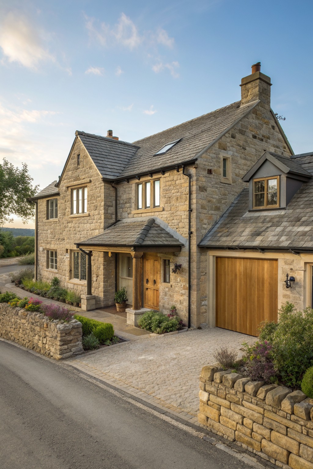 A two-story house built of natural stone with a wooden garage door, wooden front door under a small porch, and multiple gabled slate roofs.