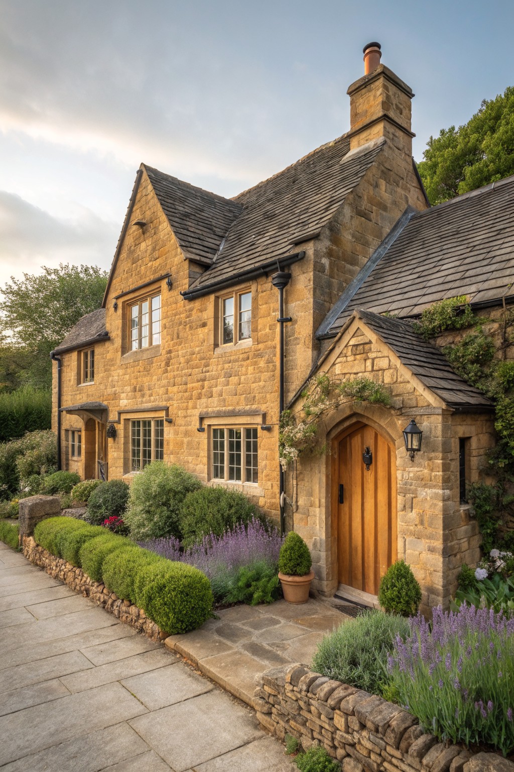 A two-story stone house with a steep roof, chimney, arched wooden door, and a stone path bordered by shrubs and lavender.