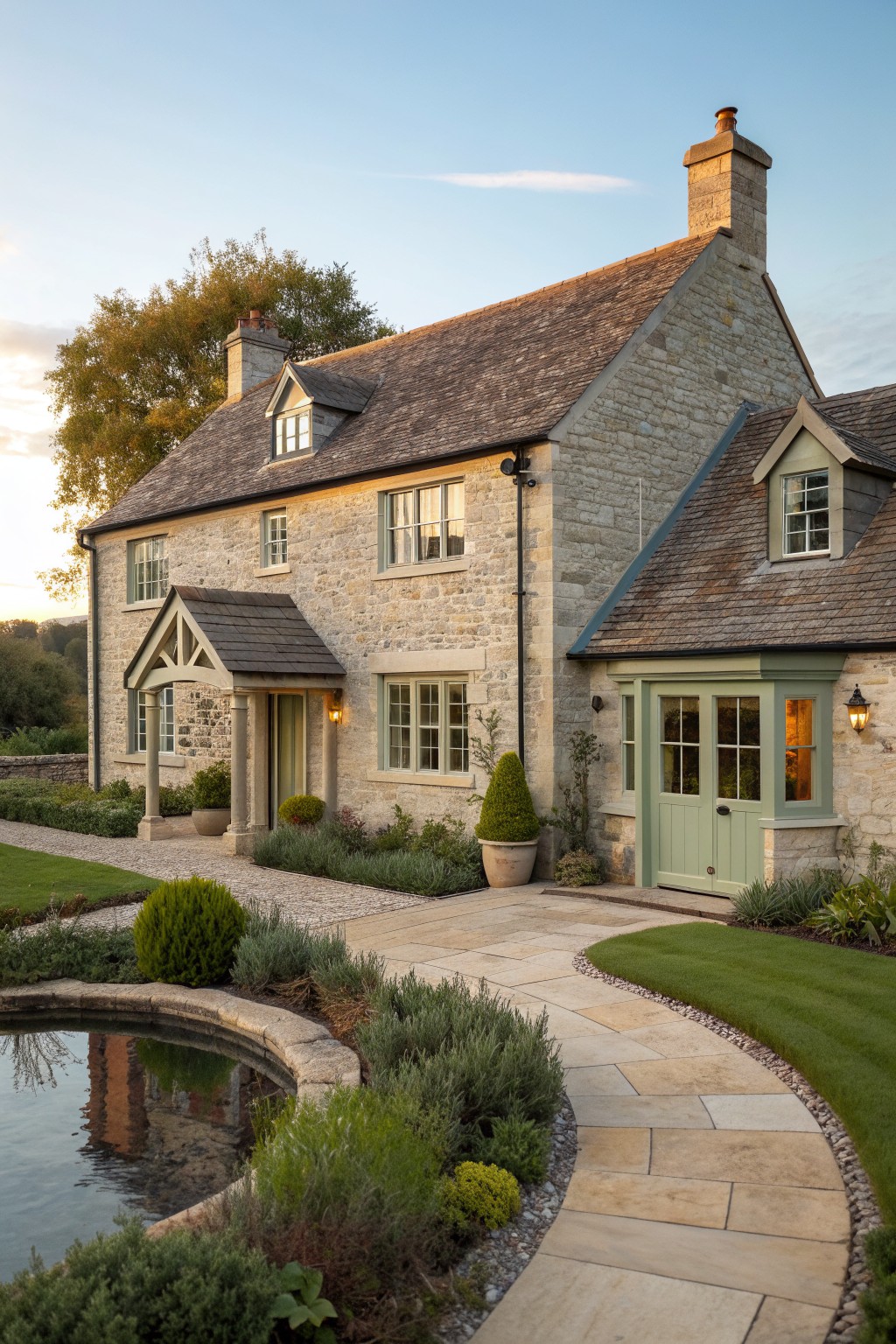 Stone house with green door beside pond and landscaped garden path at dusk