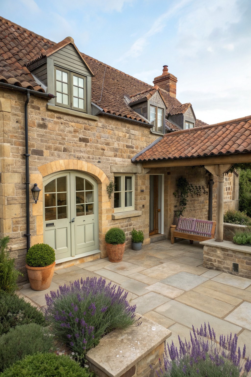 A stone cottage exterior showing an arched light green double door, terracotta pots with greenery, a wooden bench under a covered area, and lavender growing near the paved courtyard.