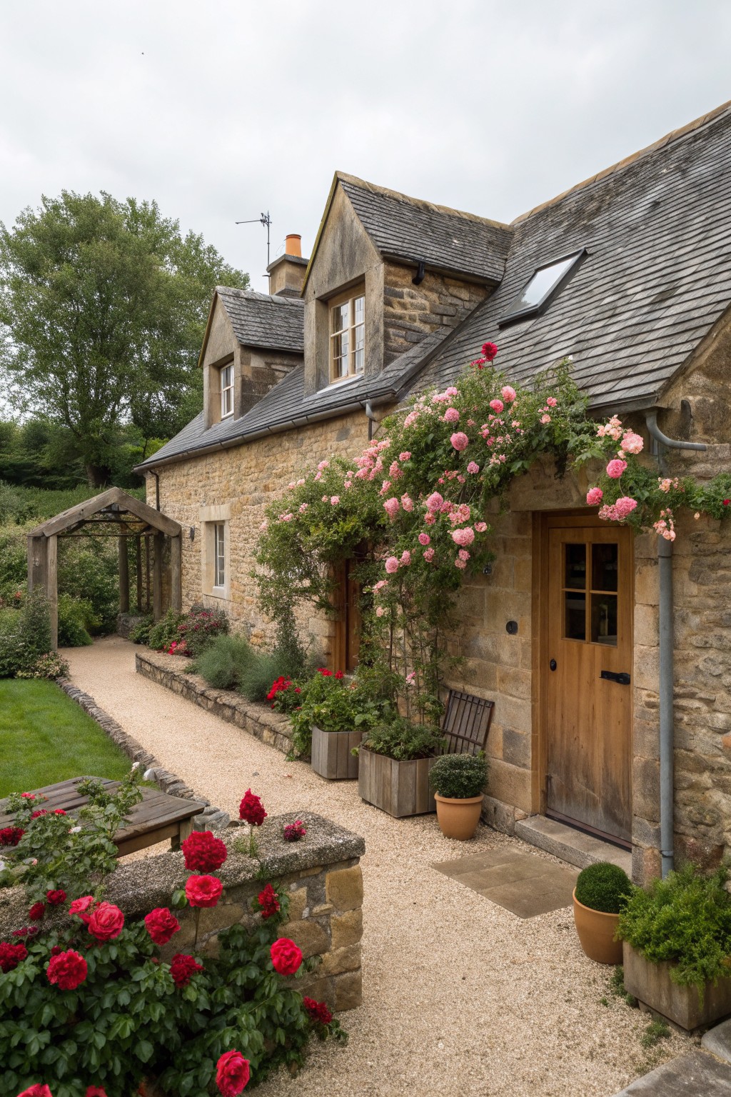A stone cottage exterior with a wooden door, pink climbing roses along the walls, and a gravel path leading to the entrance.