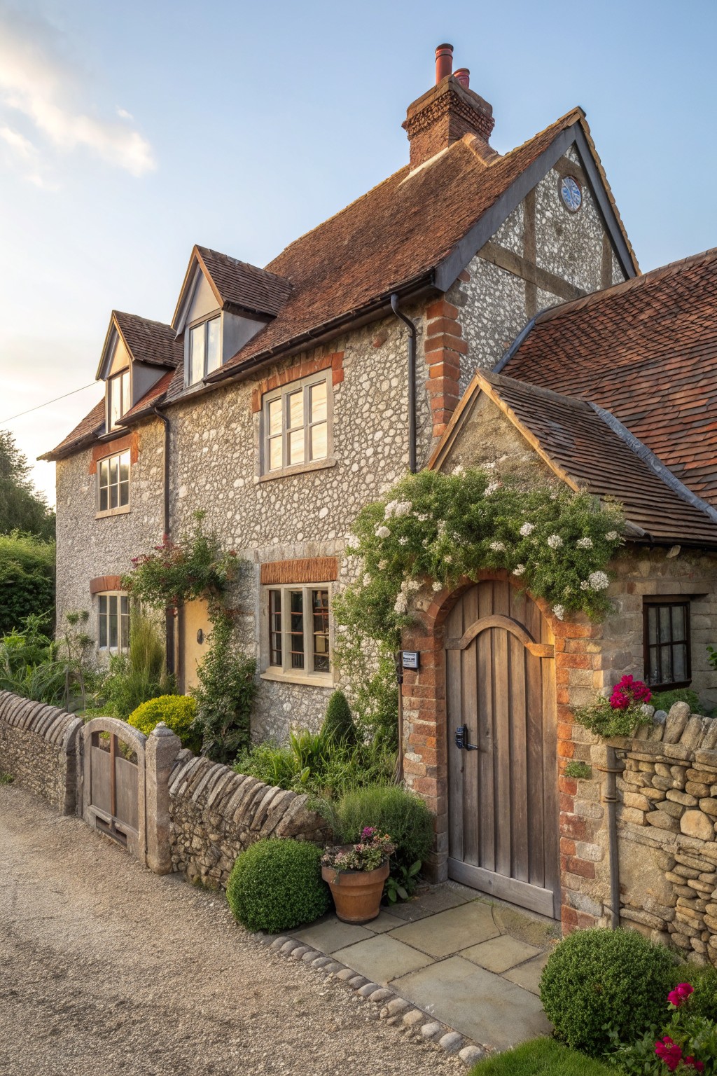 Stone cottage exterior with red brick accents, a wooden arched door, and climbing white flowers over the entry.